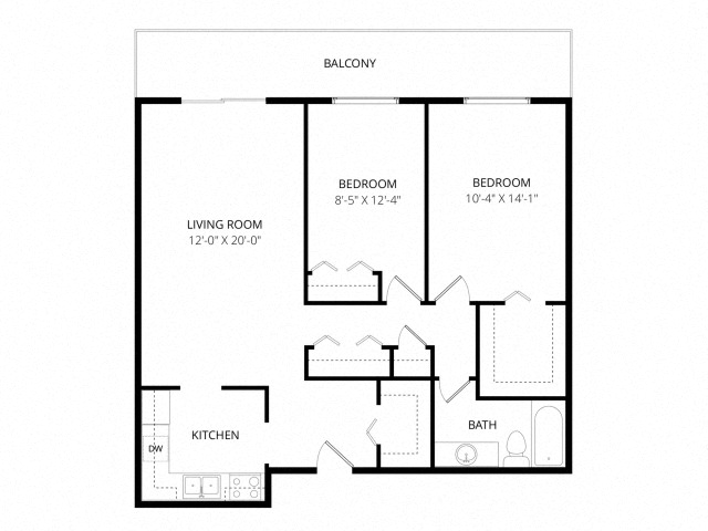 Floor plan for 2 beds, 1 bath, 820 sqft